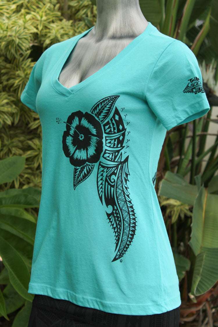Women's V-neck T-shirt - Tahitian Blue - Tribal Edge Clothing